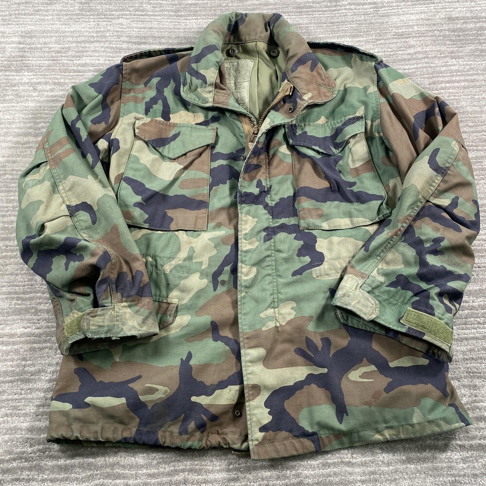 Vintage US Army M65 Field Jacket Mens Small Short Woodland Camo Hooded 90s